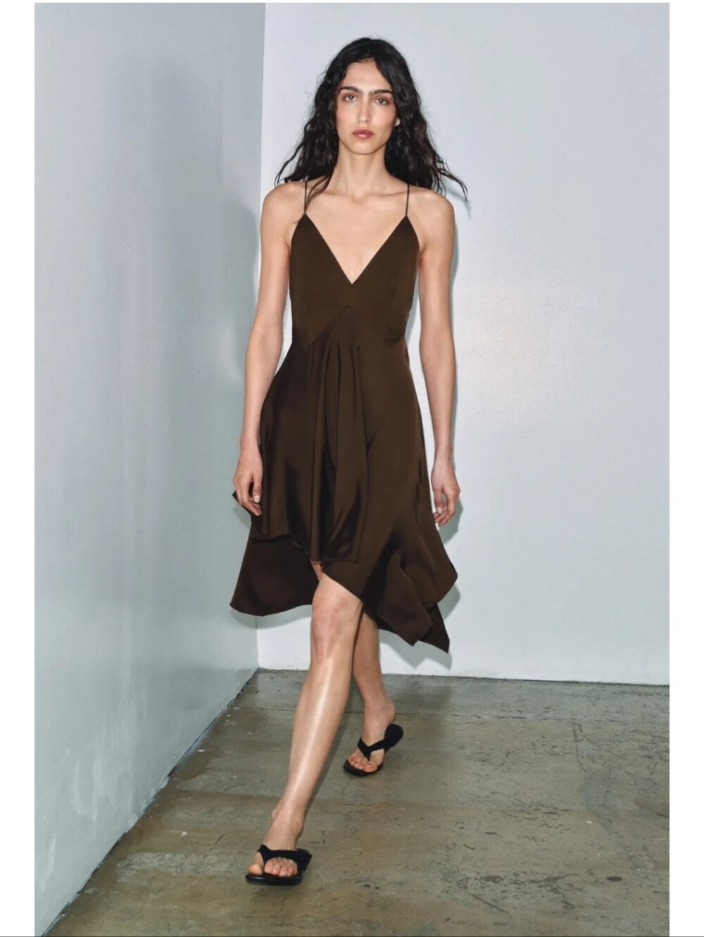 Zara Brown Asymmetrical Satin Slip Dress